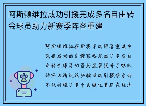 阿斯顿维拉成功引援完成多名自由转会球员助力新赛季阵容重建