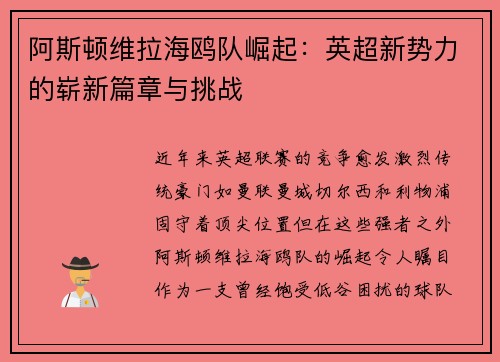 阿斯顿维拉海鸥队崛起：英超新势力的崭新篇章与挑战